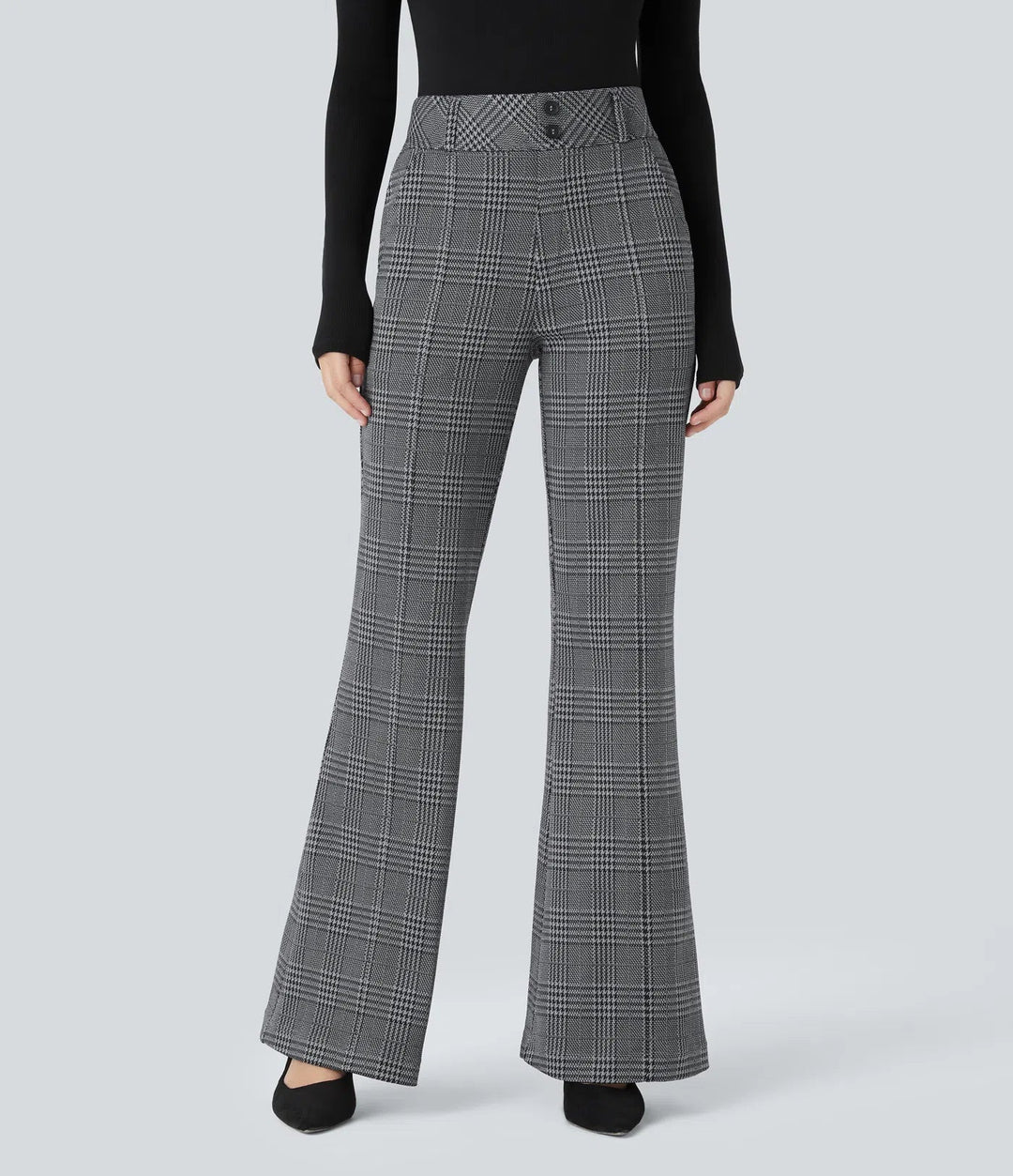 Halara Flex High Waisted Decorative Pocket Houndstooth Plaid Work Flare Trousers