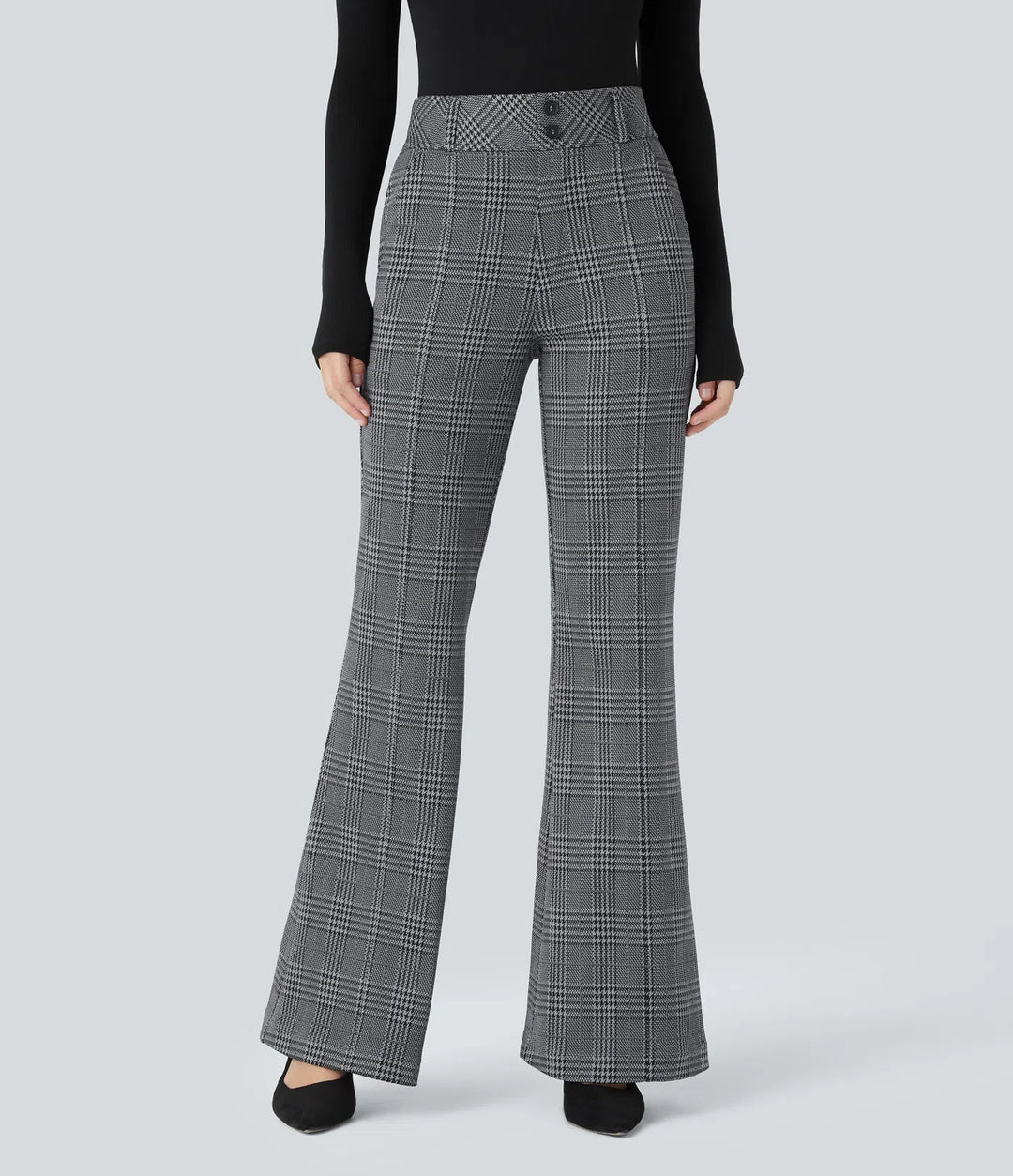 Halara Flex High Waisted Decorative Pocket Houndstooth Plaid Work Flared Trousers