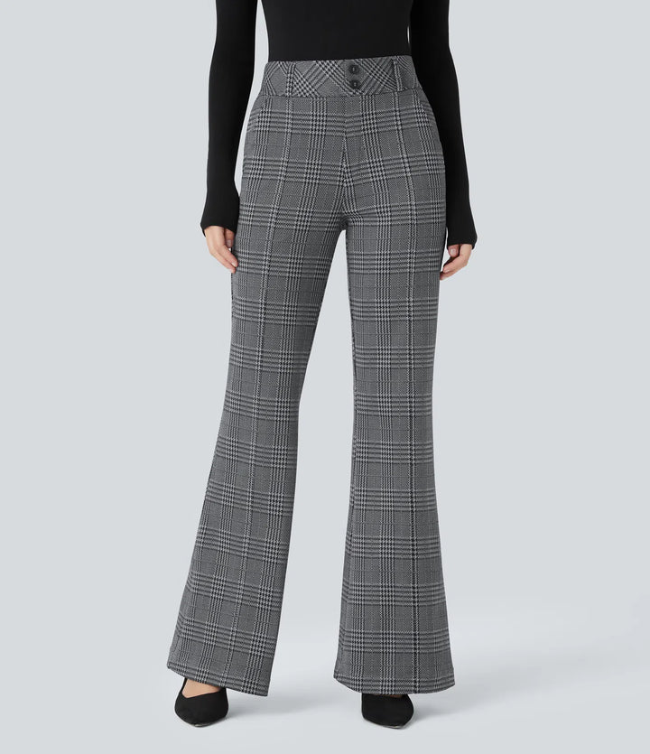 Halara Flex High Waisted Decorative Pocket Houndstooth Plaid Work Flared Trousers