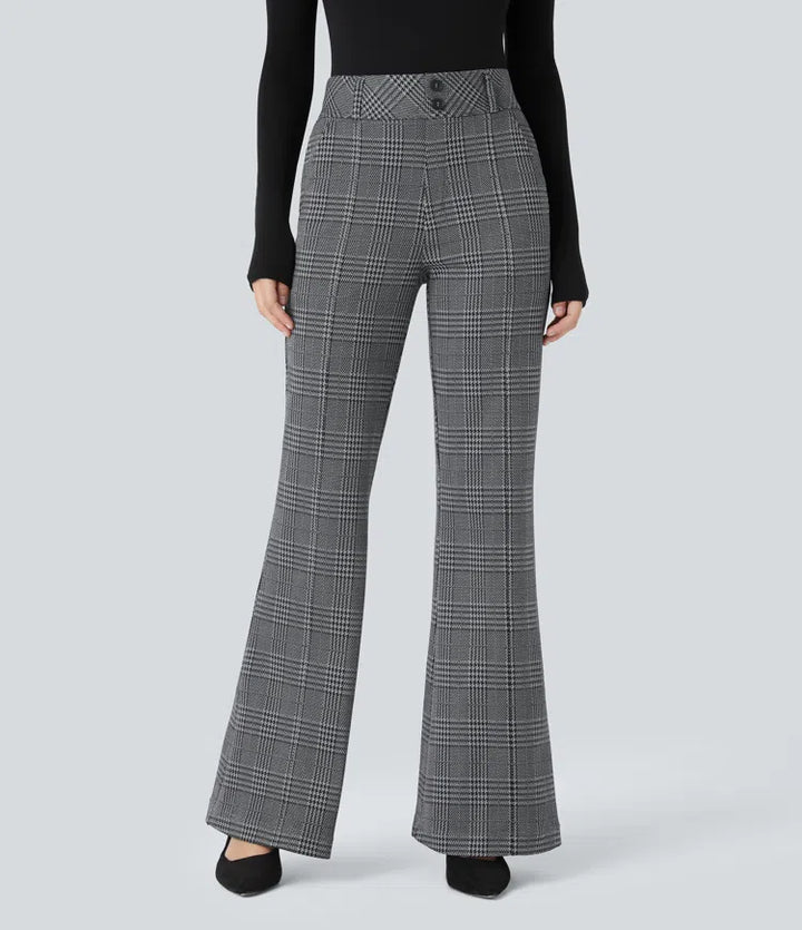 Halara Flex High Waisted Decorative Pocket Houndstooth Plaid Work Flared Trousers