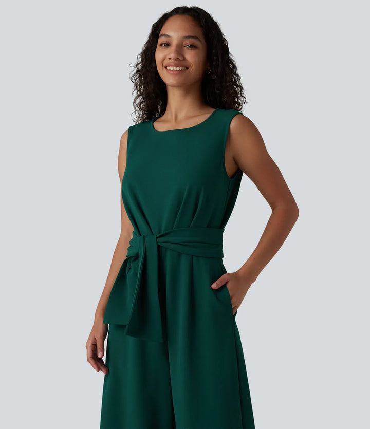 Wrinkle Recovery Boat Neck Sleeveless Tie-side Work Jumpsuit with Pockets-Easy Peezy