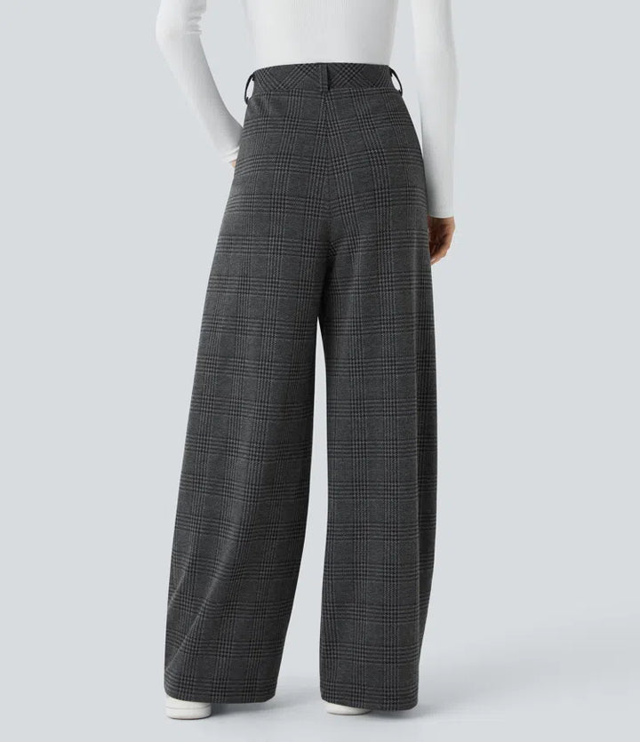 High Waisted Pocket Wide Leg Houndstooth Plaid Casual Trousers