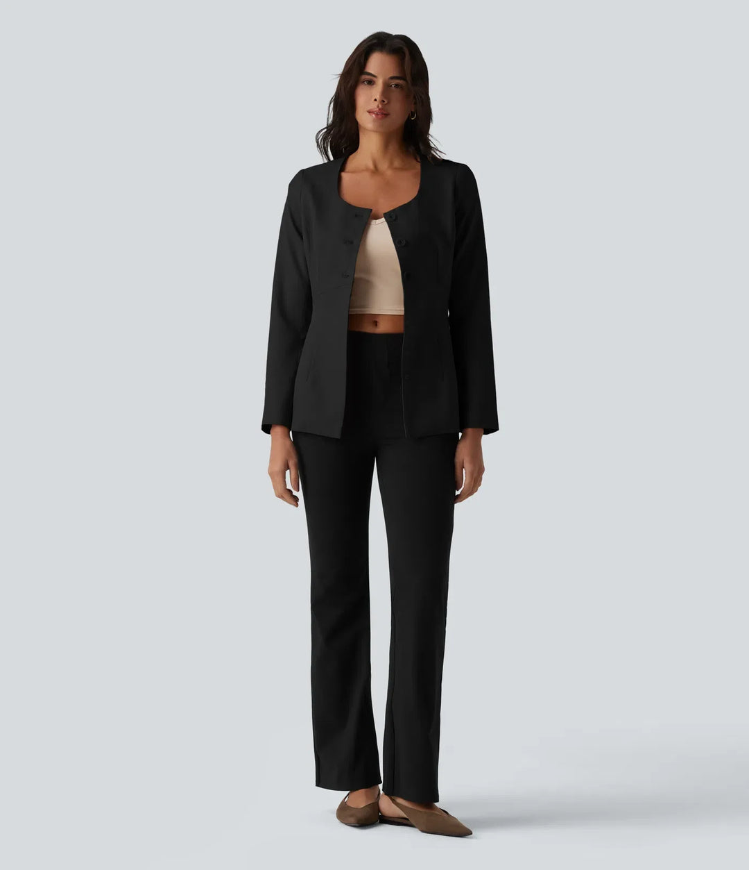 Wrinkle Recovery U Neck Long Sleeve Work Linen-Feel Blazer