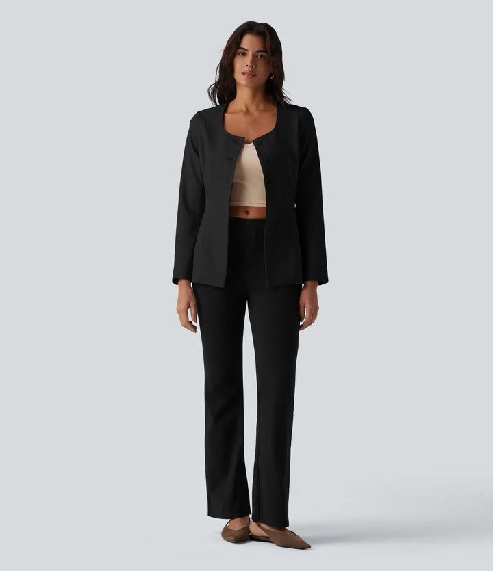Wrinkle Recovery U Neck Long Sleeve Work Linen-Feel Blazer