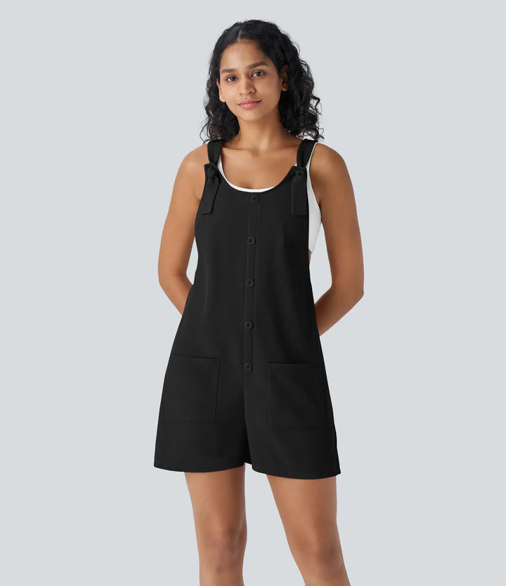 Knot Strap Decorative Pockets Waffle Short Overalls