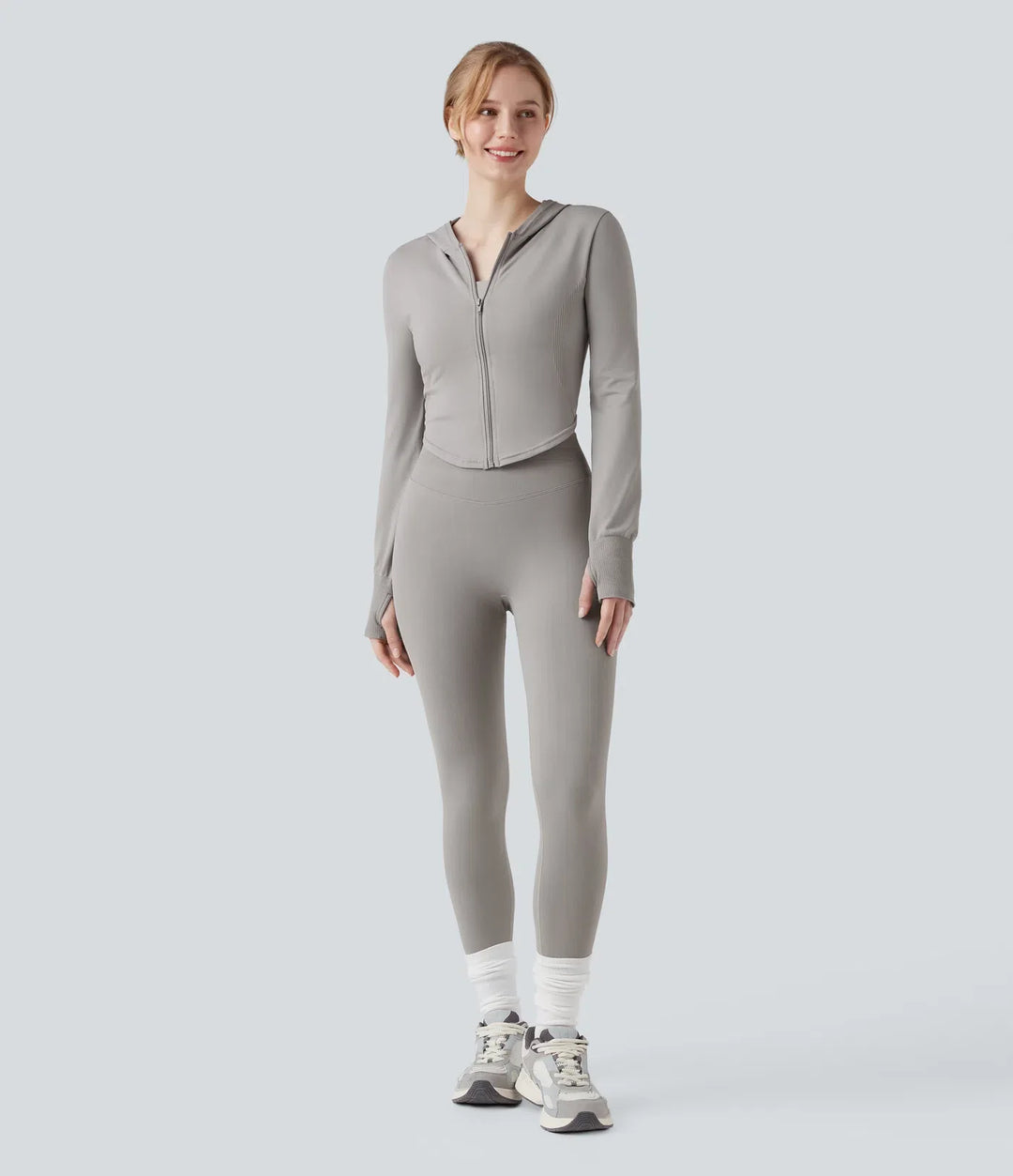 OneForm Seamless Flow Hooed Zipper Long Sleeve Thumb Hole Curved Hem Yoga Jacket