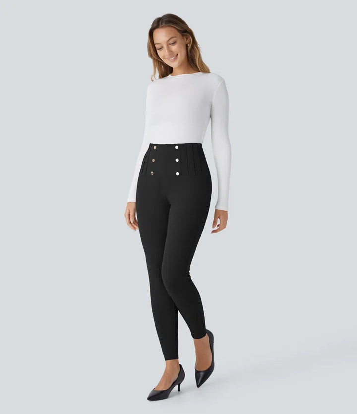 High Waisted Tummy Control Decorative Back Zipper Pockets Herringbone Work Trousers