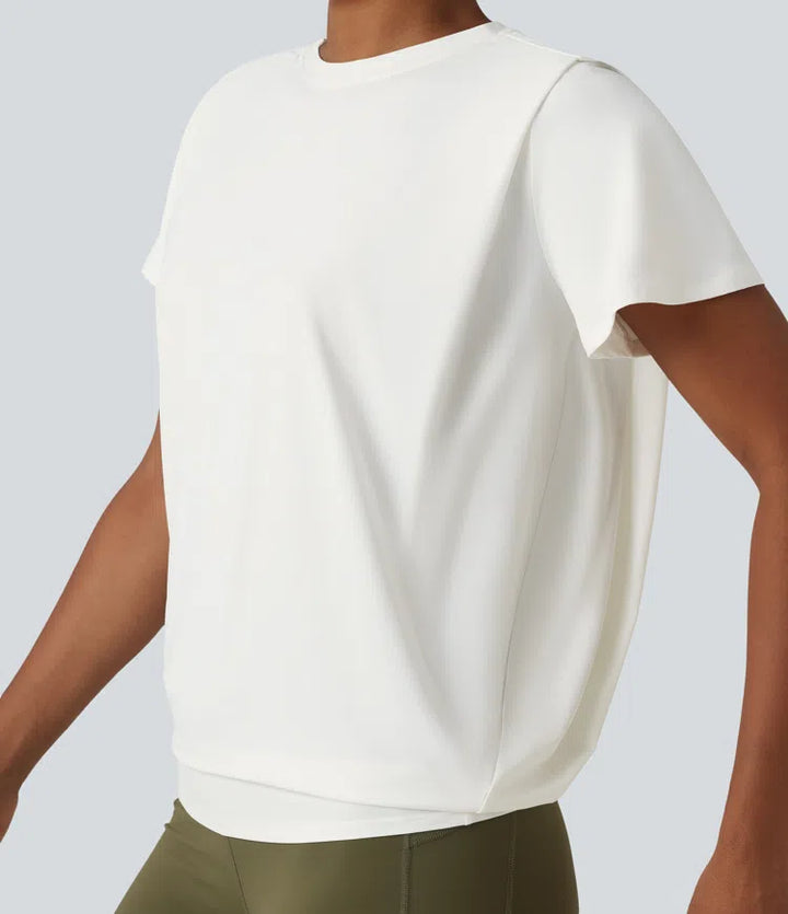Round Neck Short Sleeve Ruched InstantCool Yoga Sports Top-UPF50+