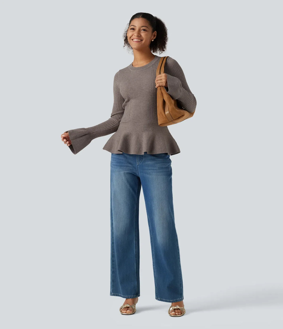 Round Neck Long Sleeve Ruffle Hem Slim Work Jumper