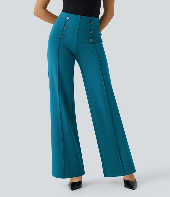 High Waisted Button Pocket Wide Leg Work Trousers
