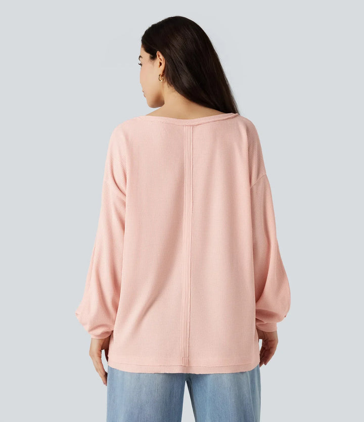 Scoop Neck Long Sleeve Waffle Casual Sweatshirt