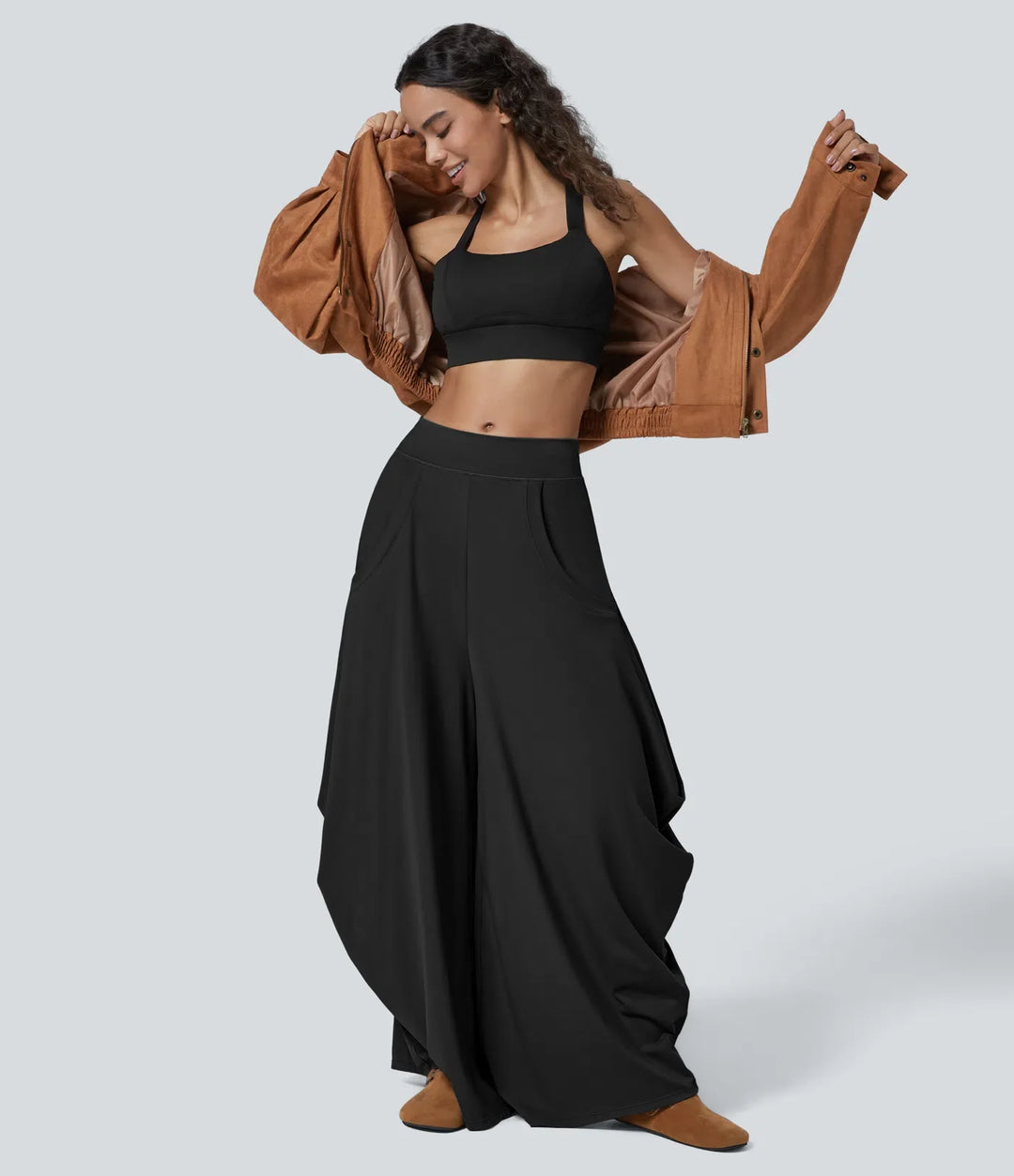 Mid Rise Pockets Draped Wide Leg Baggy Casual Trousers