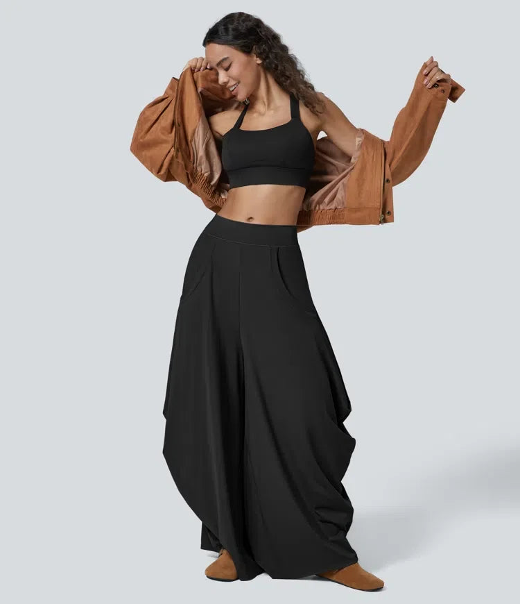 Mid Rise Pockets Draped Wide Leg Baggy Casual Trousers