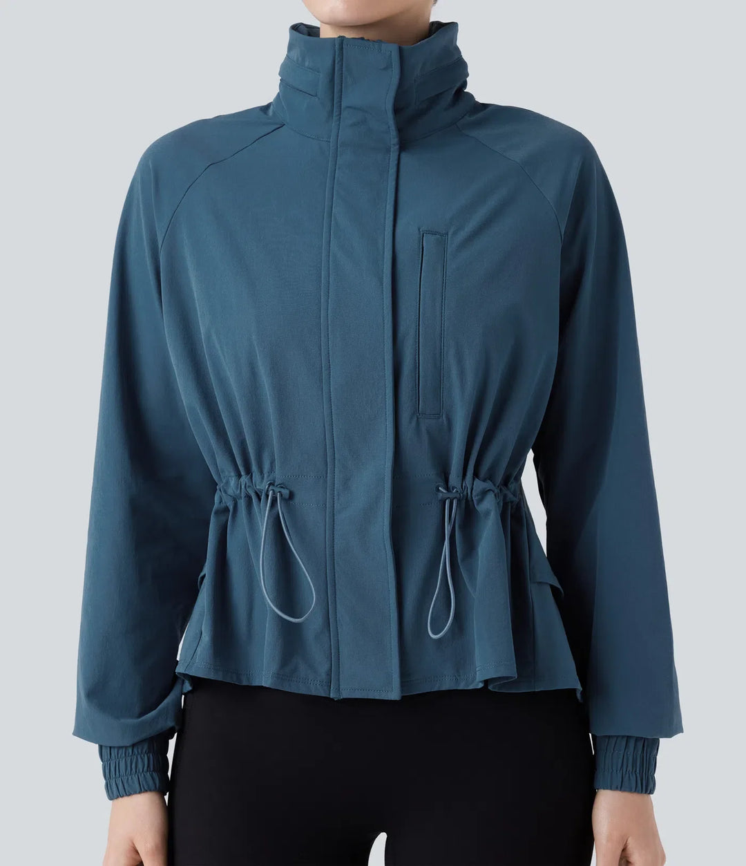 Stowable Hood Drawstring Contrast Mesh Ruffle Hem Workout Jacket with Pocket