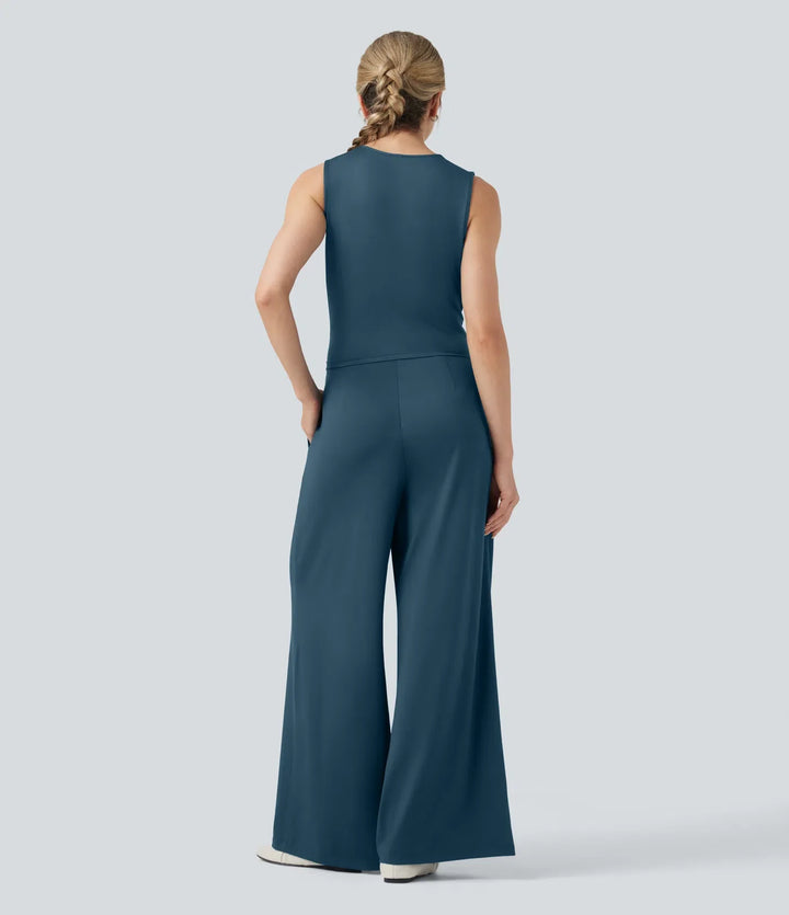 V-neck Sleeveless Pleated Crossover Tummy Control Casual Jumpsuit with Pockets-Easy Peezy