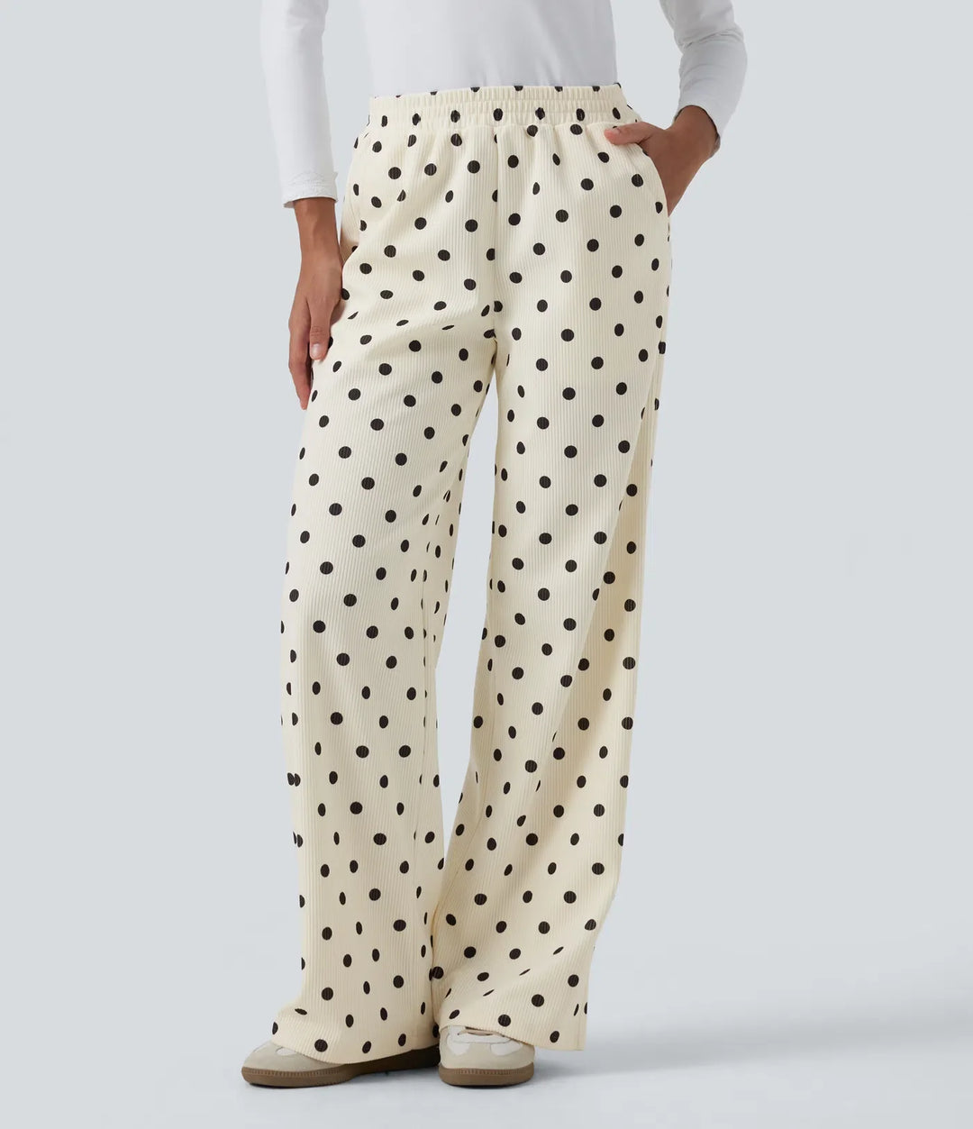 Mid Rise Polka Dot Straight Leg Corduroy Casual Trousers with Pockets