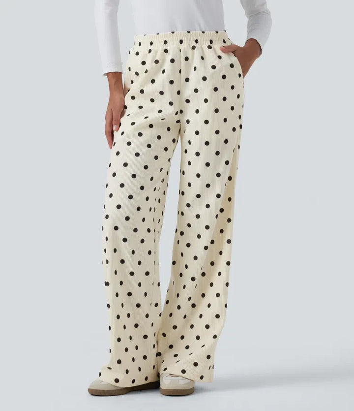 Mid Rise Polka Dot Straight Leg Corduroy Casual Trousers with Pockets