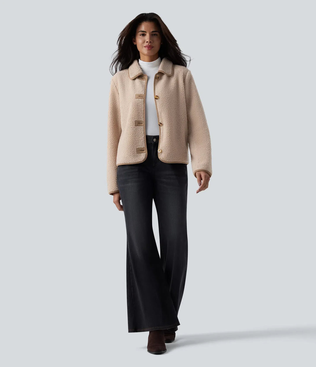 Collar Long Sleeve Casual Sherpa Jacket with Pockets