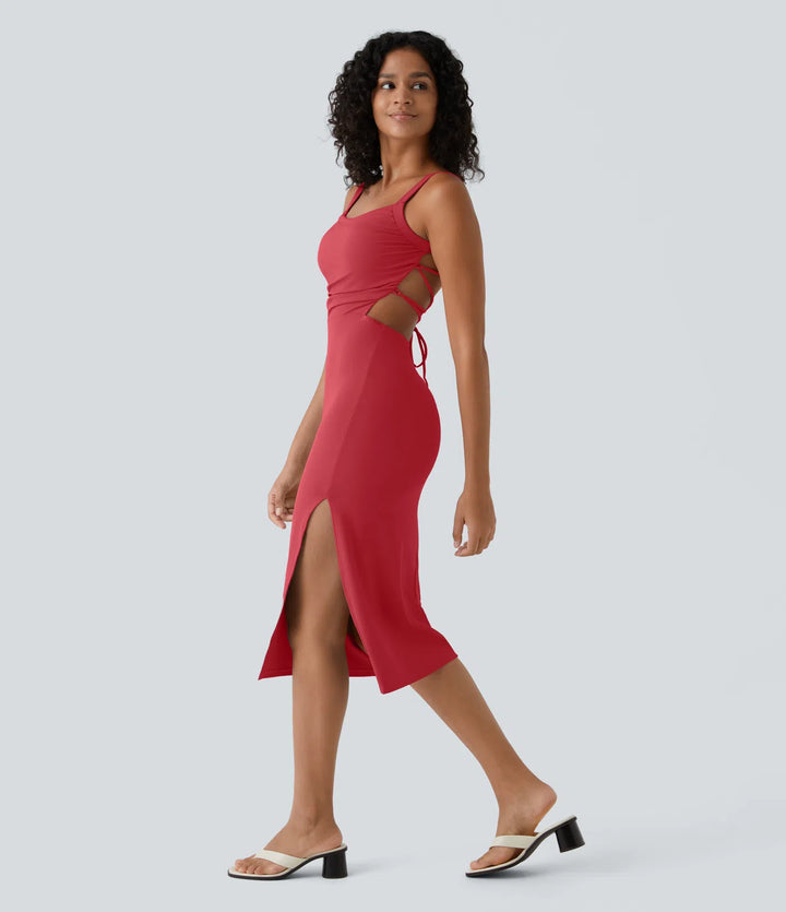 Ruched Backless Crisscross Lace Up Split Bodycon Midi Casual Dress