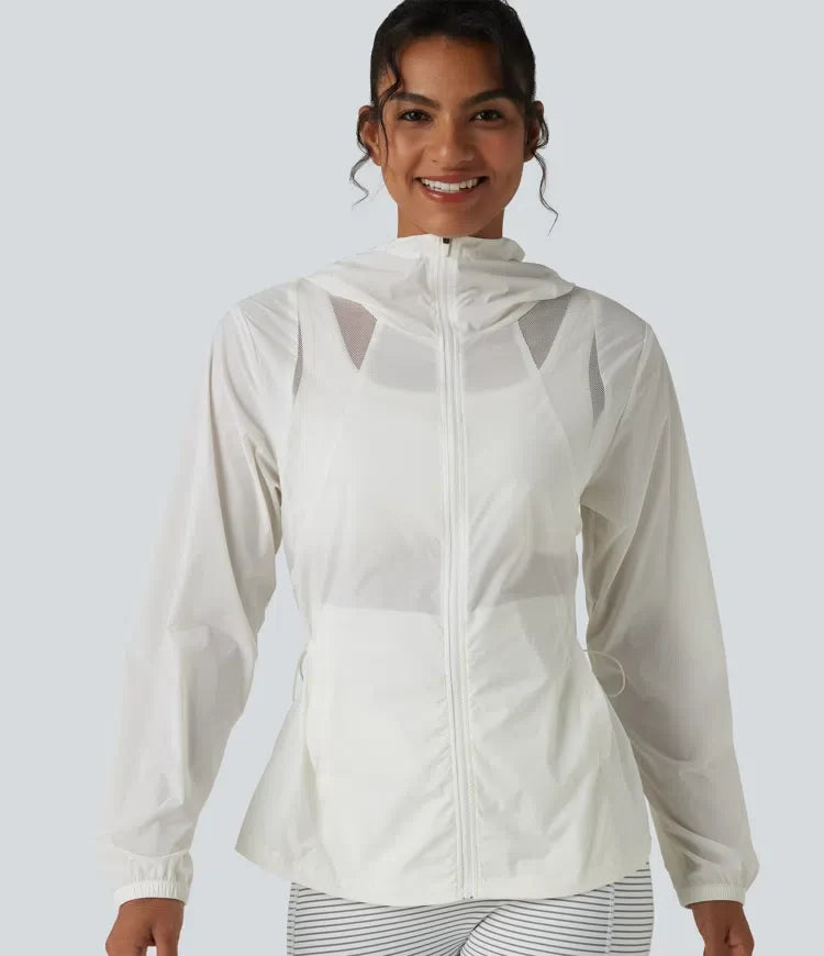Hooded Drawstring Contrast Mesh Workout Jacket with Pockets