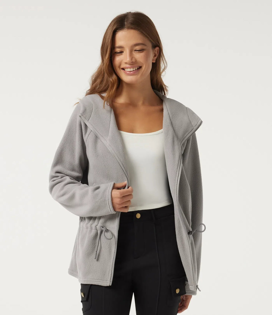 Hooded Long Sleeve Drawstring Curved Hem Fleece Casual Coat with Pockets
