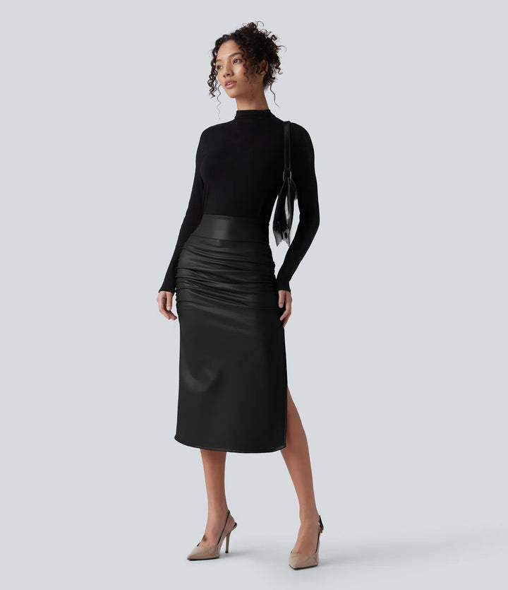 High Waisted Tummy Control Ruched Curved Hem 2-in-1 Fleece PU Midi Casual Skirt