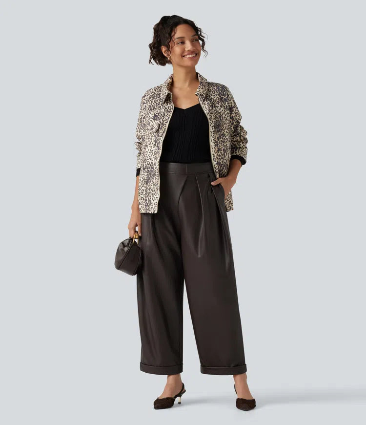 High Waisted Barrel Leg Stretchy PU Fleece Casual Trousers with Pockets
