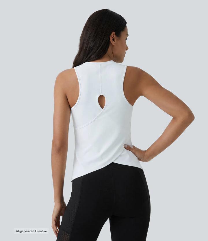 Cut Out Crossover Hem Solid Yoga Tank Vest Top