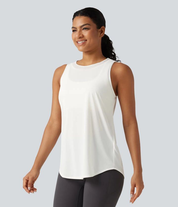 Contrast Mesh Curved Hem Running Tank Top-Longer Length