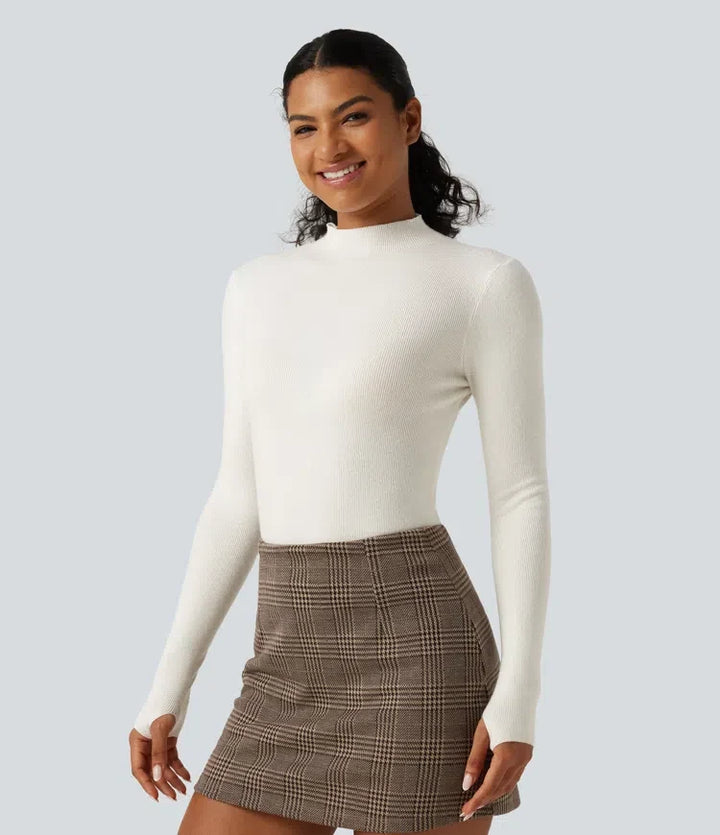 Mock Neck Long Sleeve Thumb Hole Work Wool-Blend Jumper