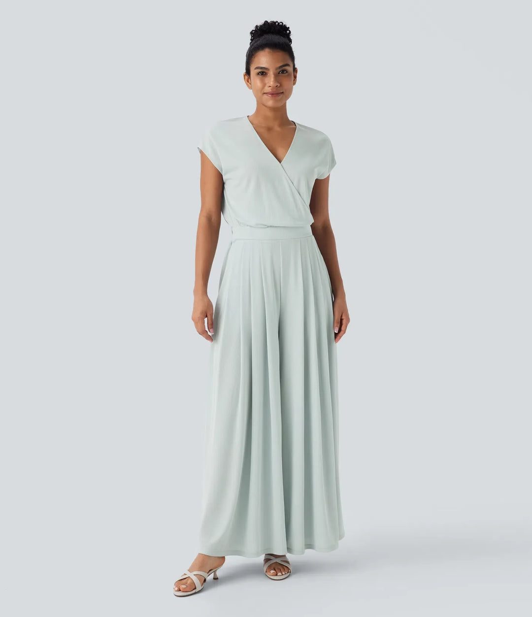 V Neck Short Sleeve Pocket Wide Leg Flowy Waffle Casual Jumpsuit-Easy Peezy Edition