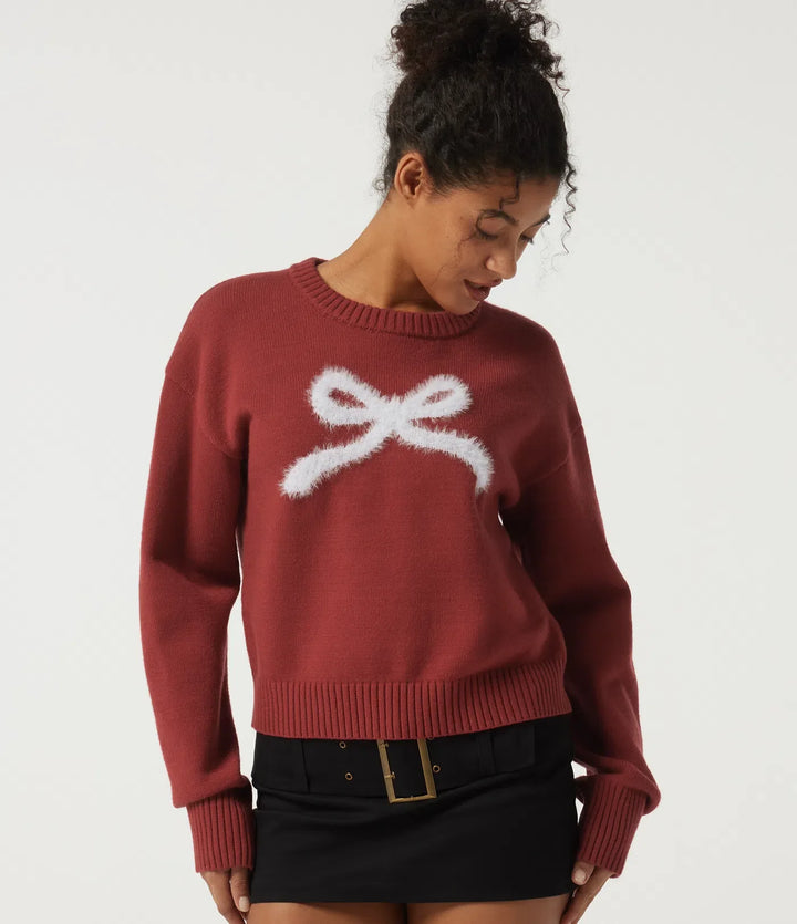 Round Neck Drop Shoulder Long Sleeve Bow Casual Jumper