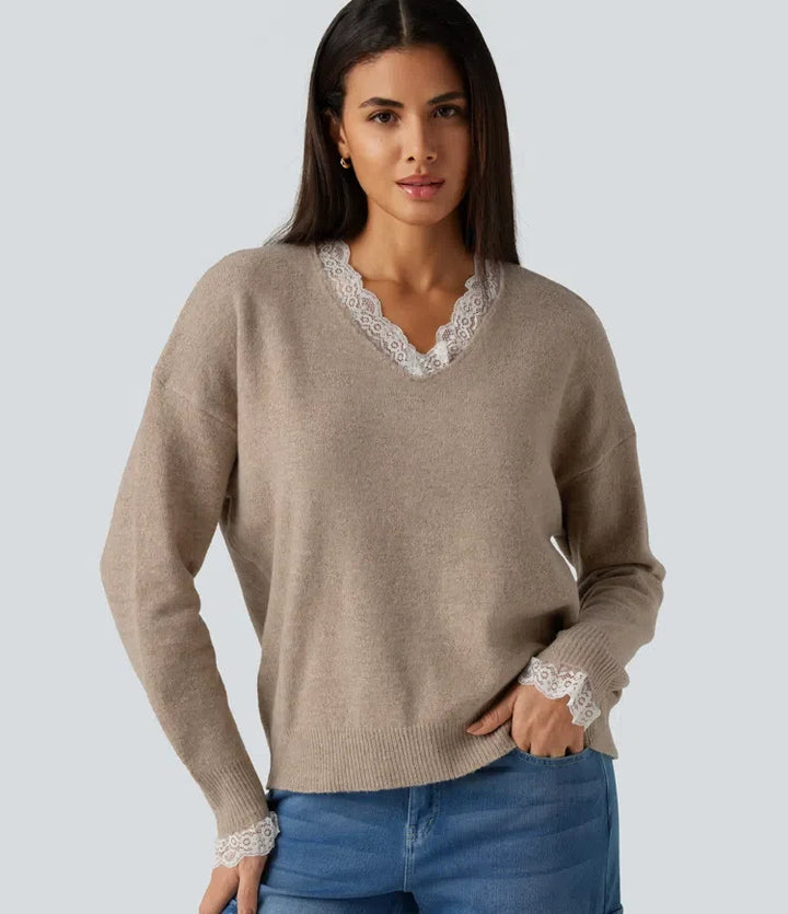 V Neck Contrast Lace Dropped Long Sleeve Casual Jumper