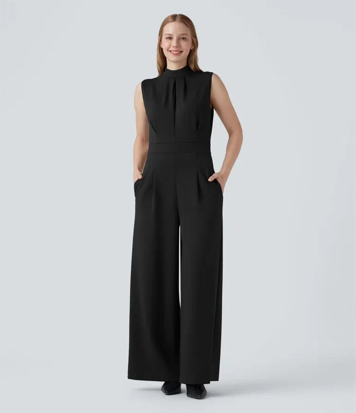 Mock-neck Zipper Sleeveless Work Wide Leg Jumpsuit with Pockets