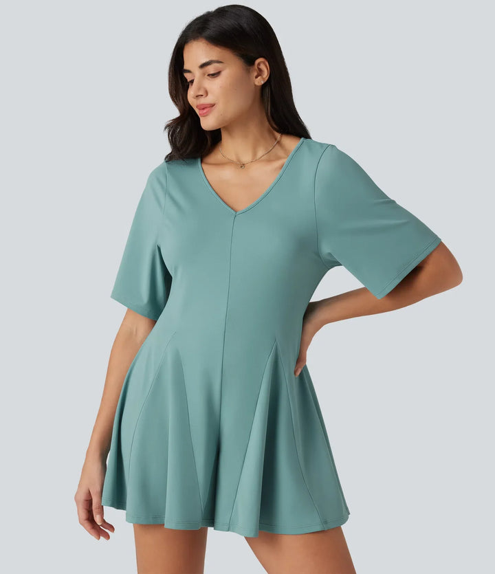 V Neck Short Sleeve Keyhole Back Casual Romper