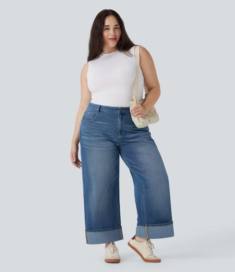Plus Size Halara Flex High Waisted Wide Leg Rolled Hem Washed Stretchy Knit Casual Jeans with Pockets