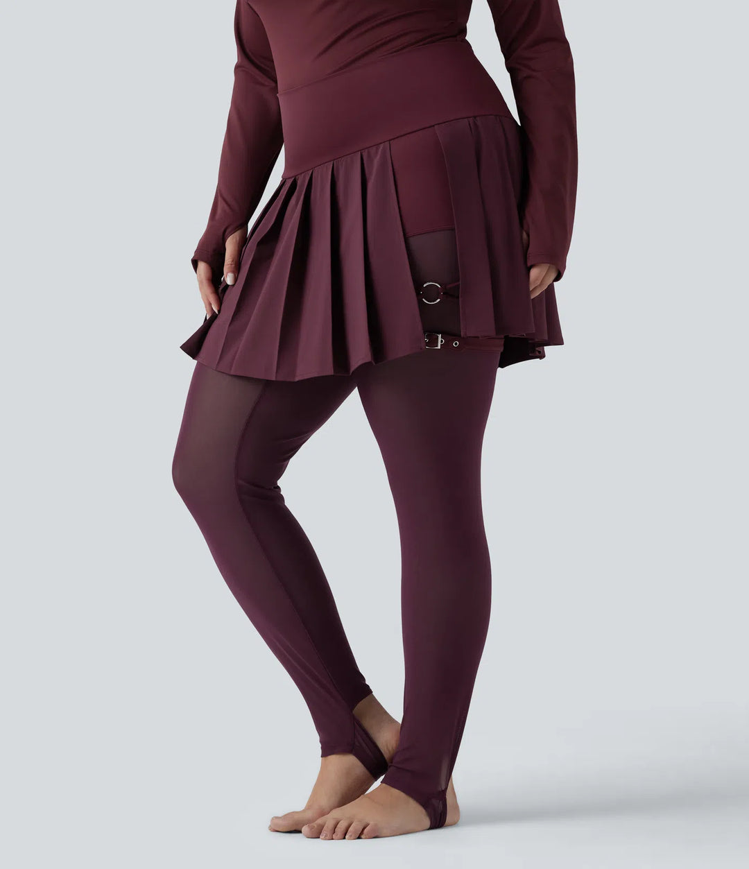Breezeful High Waisted Pleated 2-in-1 Contrast Mesh Quick Dry Dance Plus Size Stirrup Skirted Leggings with Pockets