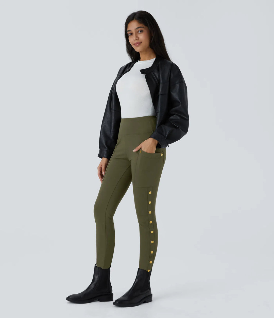 DayStretch High Waisted Decorative Pocket Skinny Ankle Length Casual Trousers