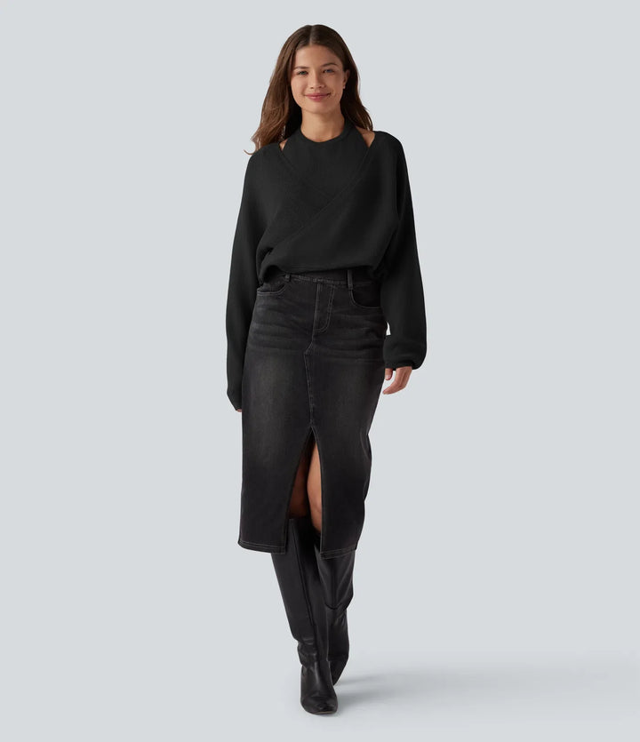 Halter Long Sleeve Wrap 2-in-1 Casual Jumper