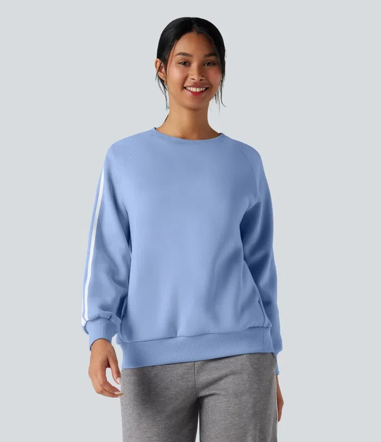 Round Neck Long Sleeve Color Block Fleece Casual Sweatshirt with Pockets