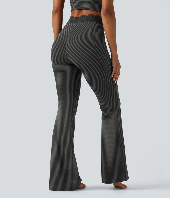 V-Shaped High Waisted Contrast Lace Stripe Yoga Flare Leggings with Pockets