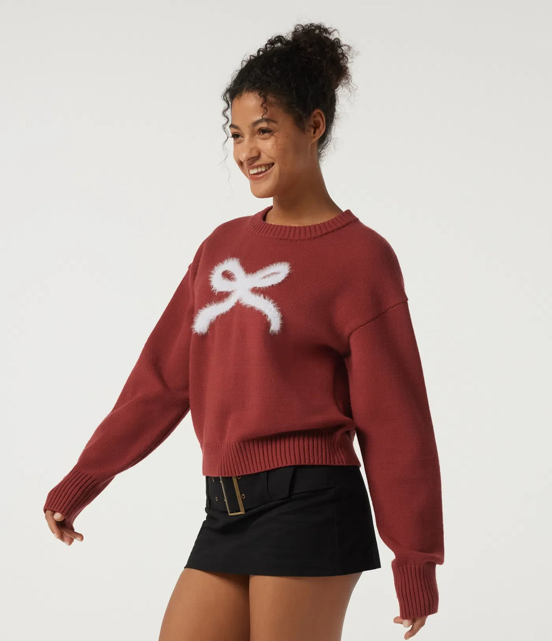 Round Neck Drop Shoulder Long Sleeve Bow Casual Jumper