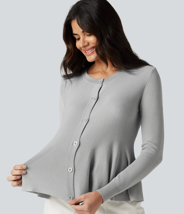 Round Neck Long Sleeve Ruffle Hem Work Cardigan