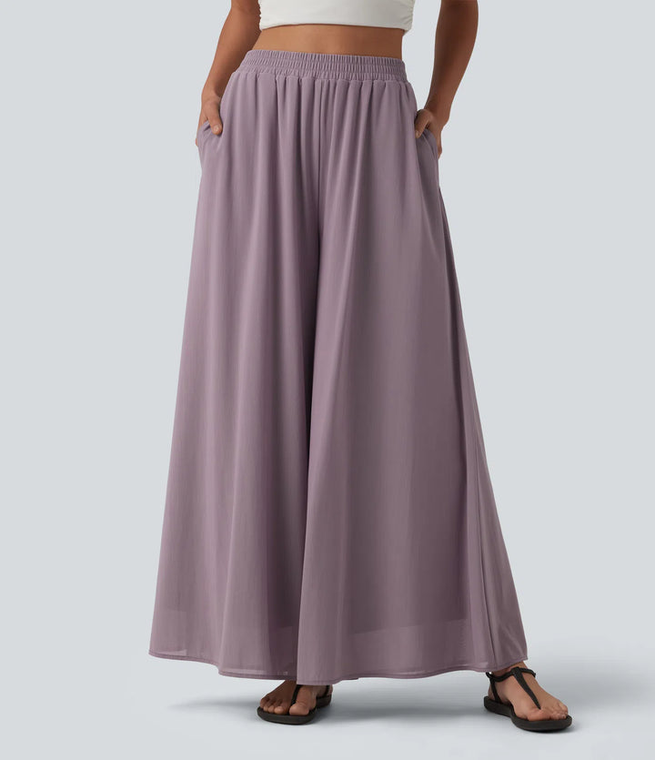 High Waisted Pocket Mesh Overlay Wide Leg Casual Trousers