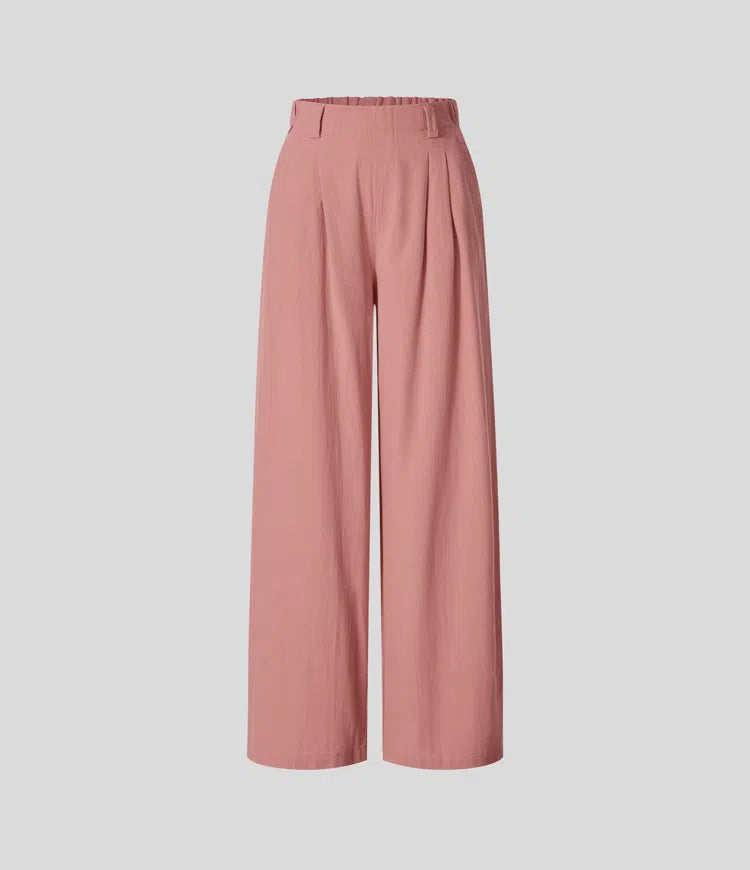 High Waisted Pocket Wide Leg Flowy Solid Palazzo Casual Linen-Feel Trousers