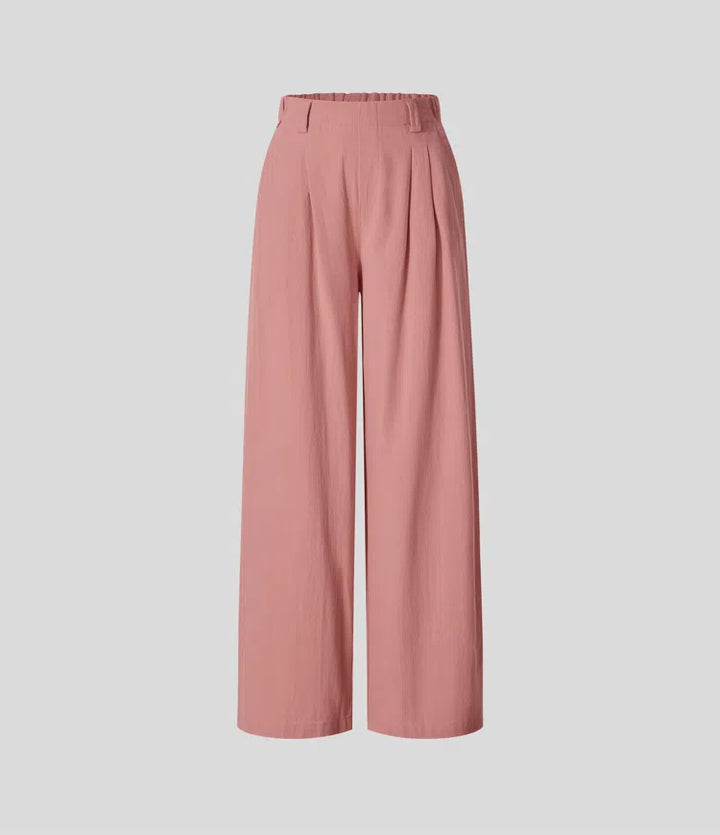 High Waisted Pocket Wide Leg Flowy Solid Palazzo Casual Linen-Feel Trousers
