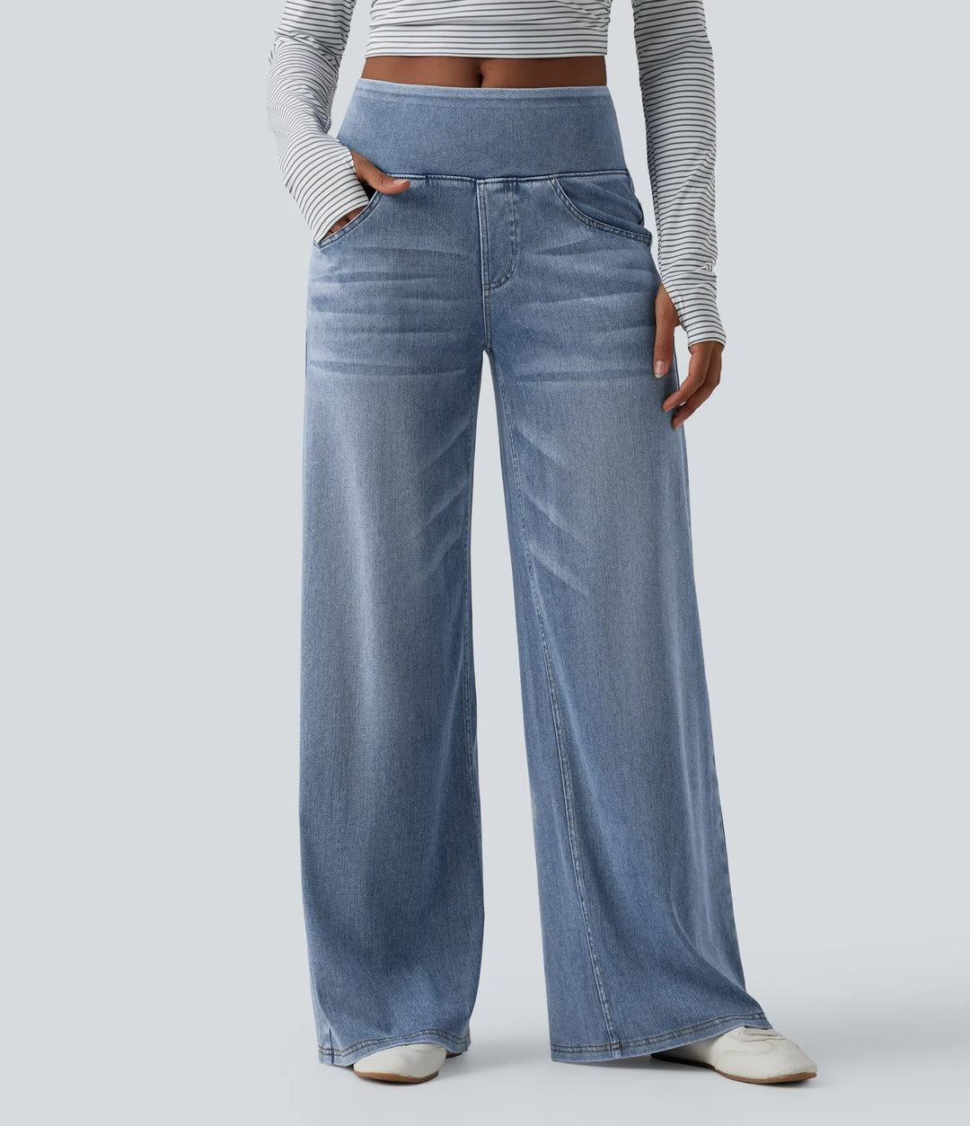 Halara Flex Mid Rise Draped Lyocell Washed Casual Baggy Wide Leg Jeans with Pockets