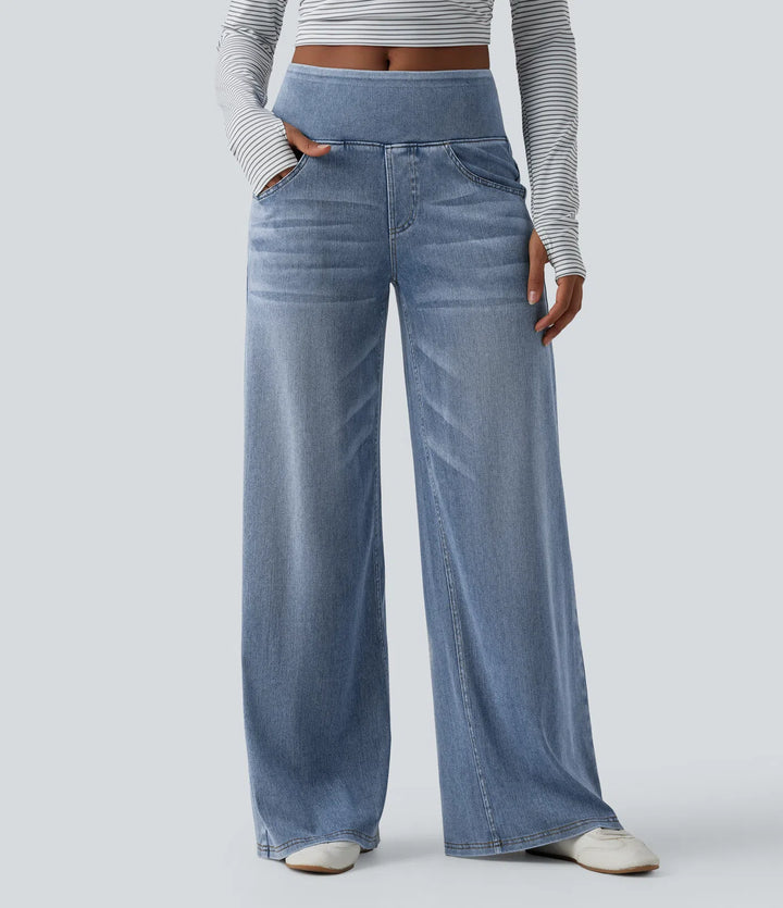 Halara Flex Mid Rise Draped Lyocell Washed Casual Baggy Wide Leg Jeans with Pockets
