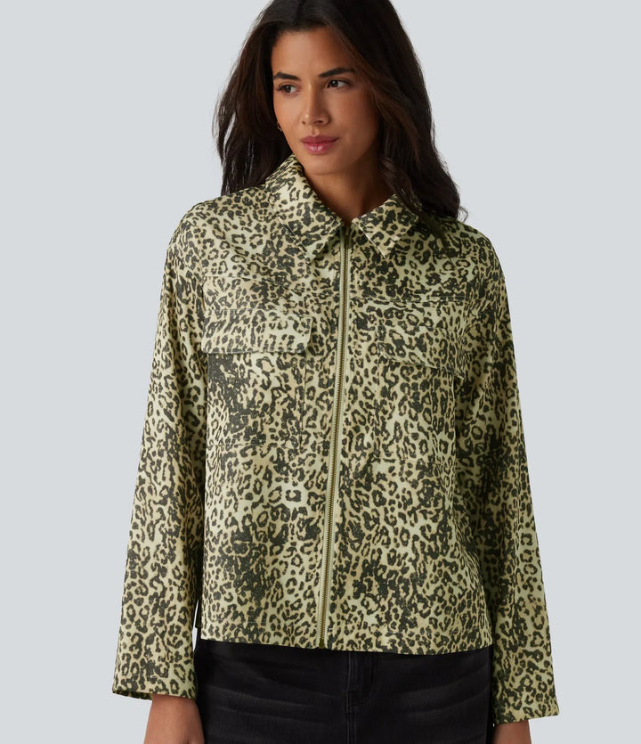 Long Sleeve Zipper Leopard Print Casual Jacket with Pockets