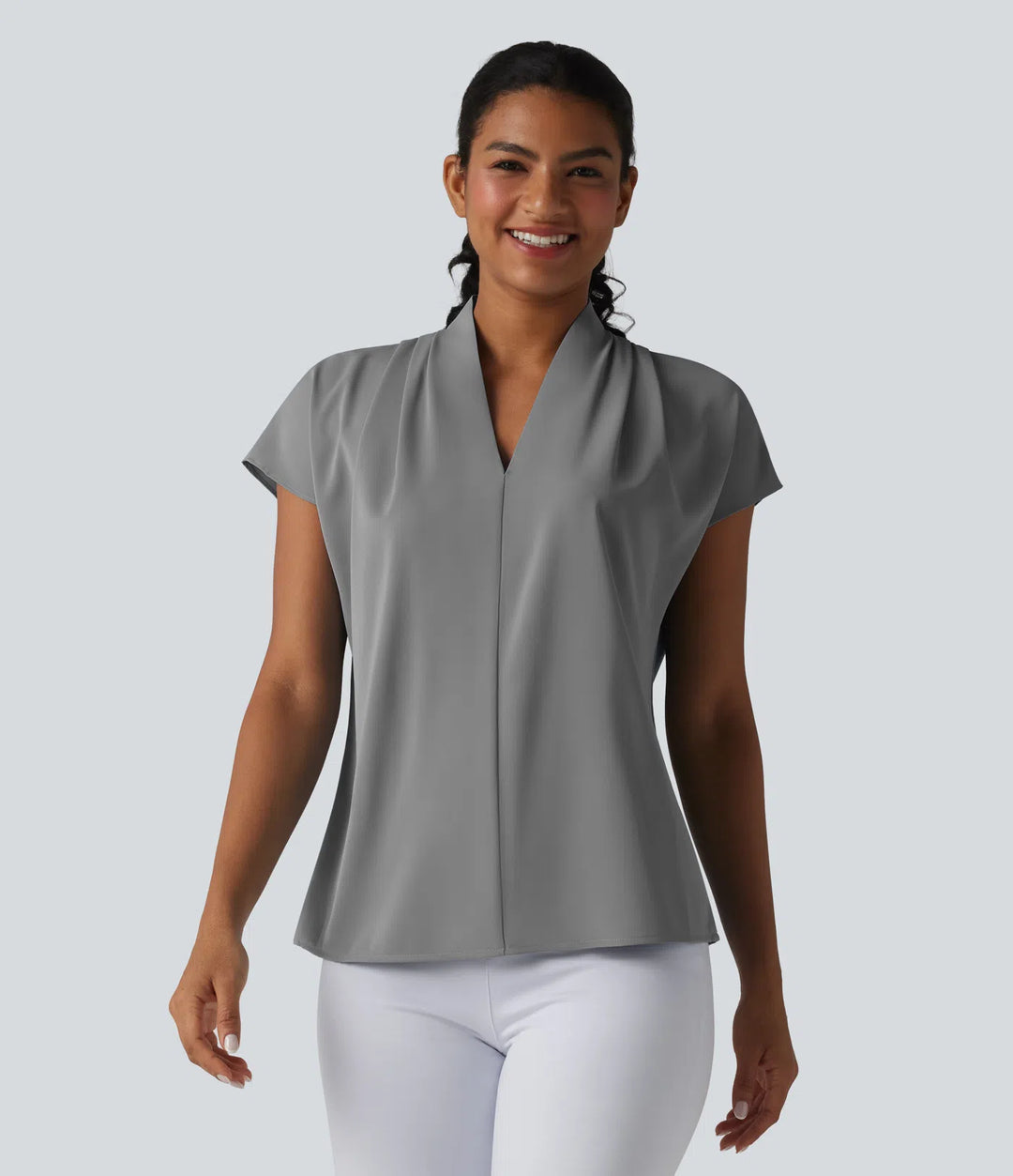 Wrinkle Recovery V-neck Batwing Sleeve Loose Fit Work Blouse